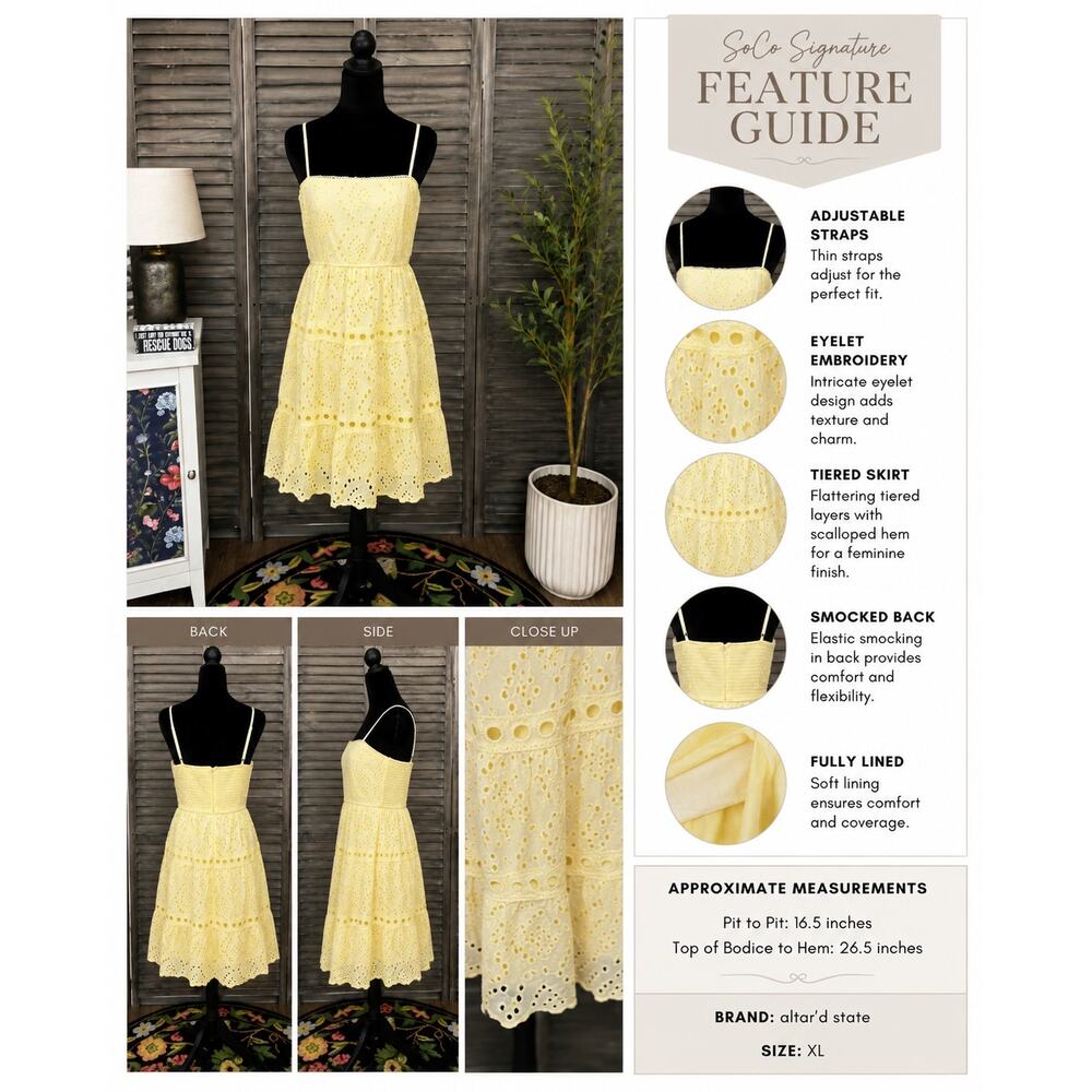 Altar’d State Yellow Eyelet Smocked Back Mini Dress XL NWOT Cotton Lined - Picture 3 of 12